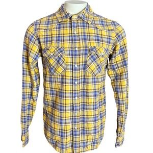 Chor Mens Yellow Blue Plaid Western Pearl Snap Flannel Shirt Size Large Cotton